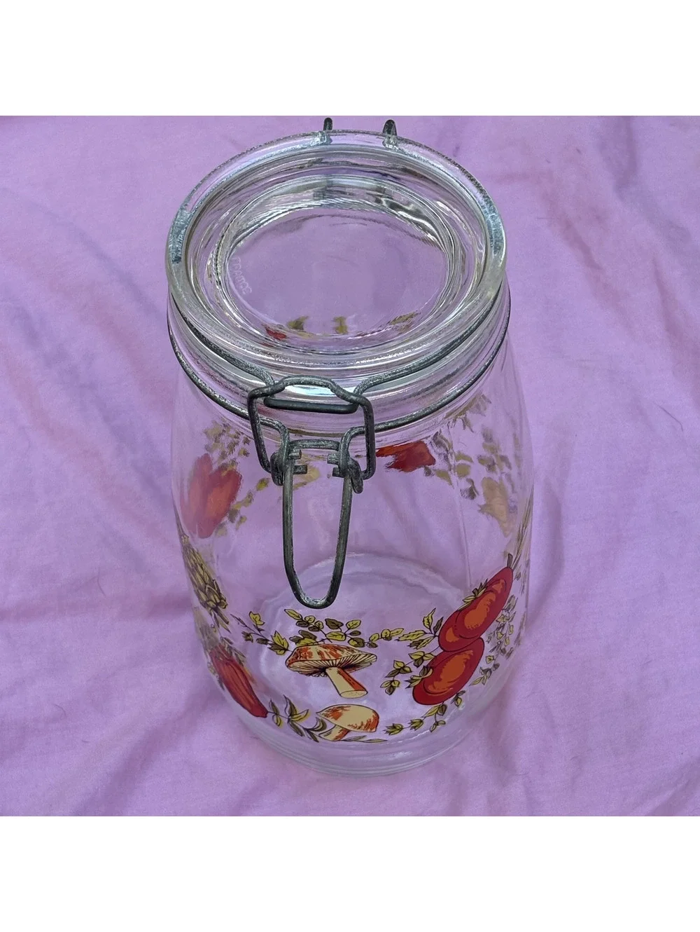 Vintage Fruit Print Glass Canister Wire Bail Jar 1.5L